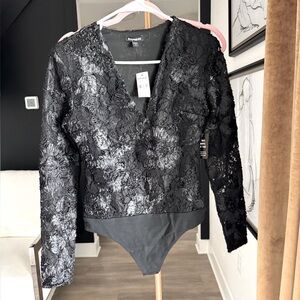 Black Floral Lace Bodysuit Express NWT